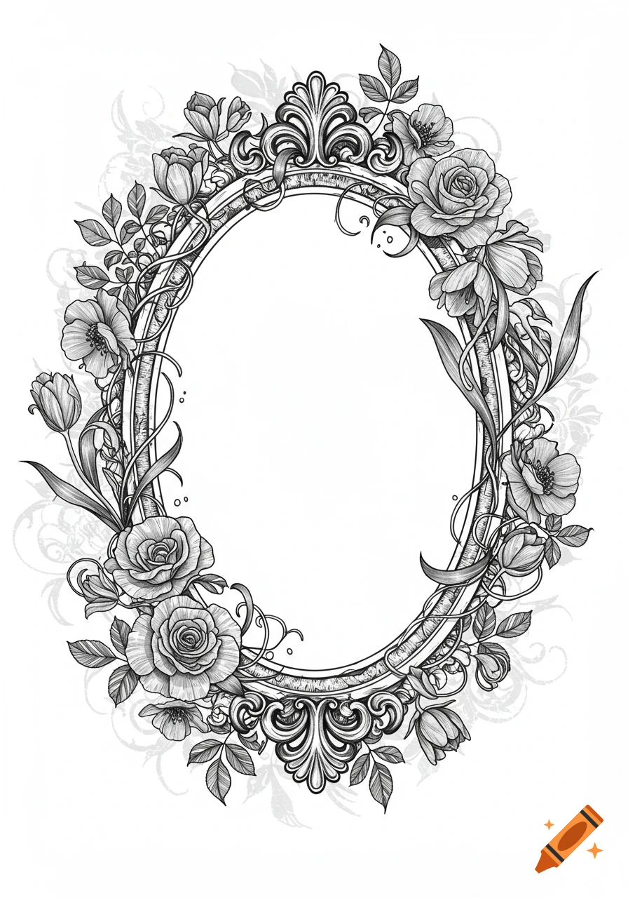 Black and white line art of an ornate oval frame surrounded by detailed roses, tulips, wildflowers, and swirling vines.
