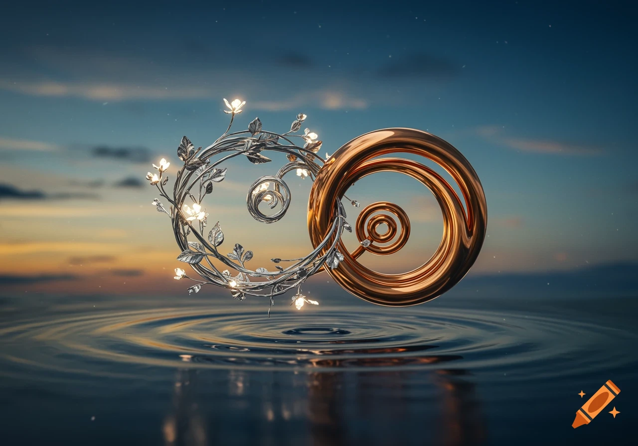 Two intertwining abstract objects, one silver with glowing flowers, one bronze, float above rippling water at sunset.