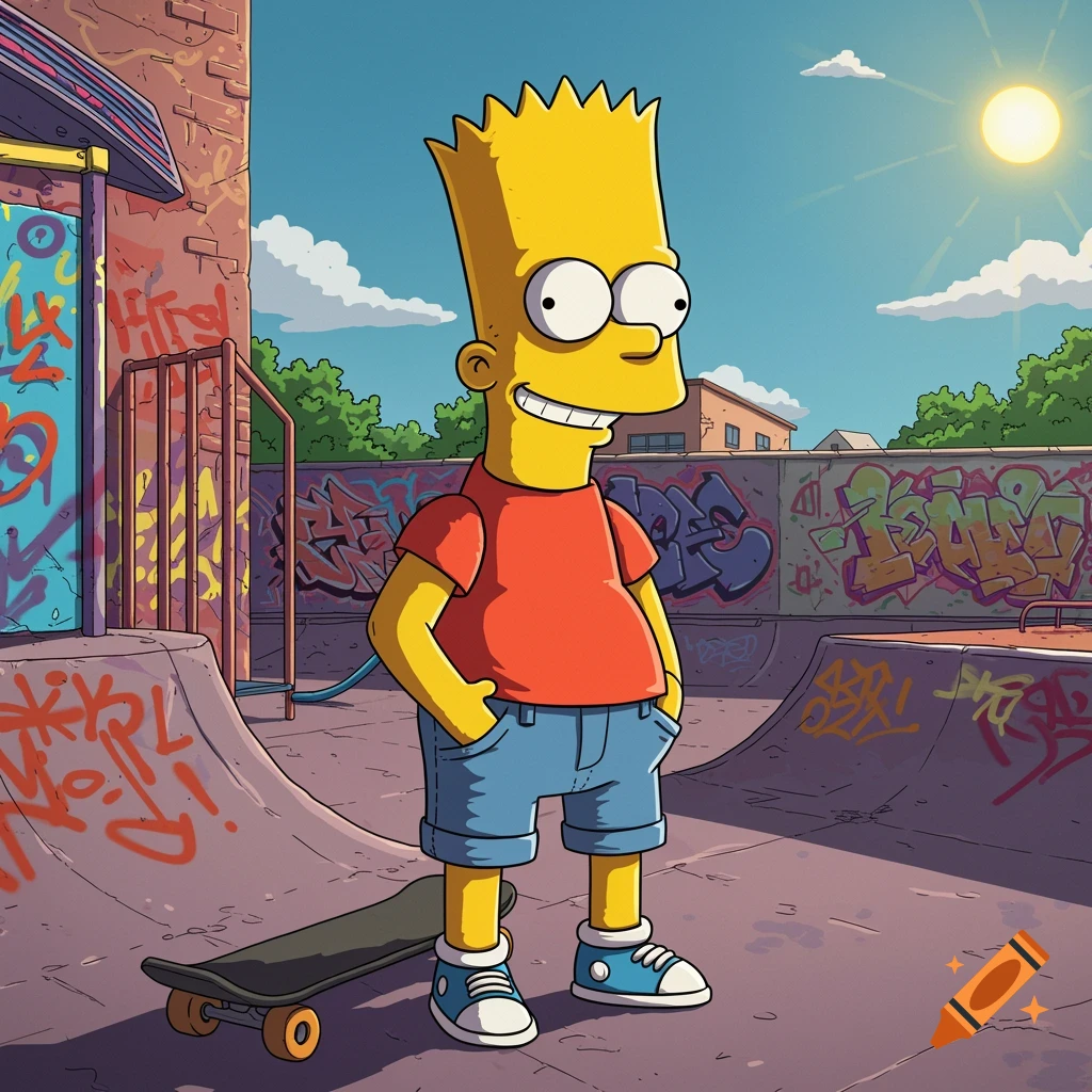 A cartoon character resembling Bart Simpson stands by a skateboard in a graffiti-covered skate park under a sunny sky.