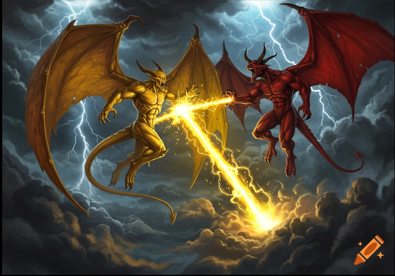 A golden demon and a red demon with large wings battle in a stormy sky, shooting yellow energy at each other.