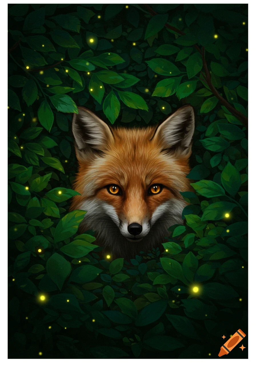An illustrative image of a fox with bright orange eyes peeking through dense green leaves with glowing yellow specks.