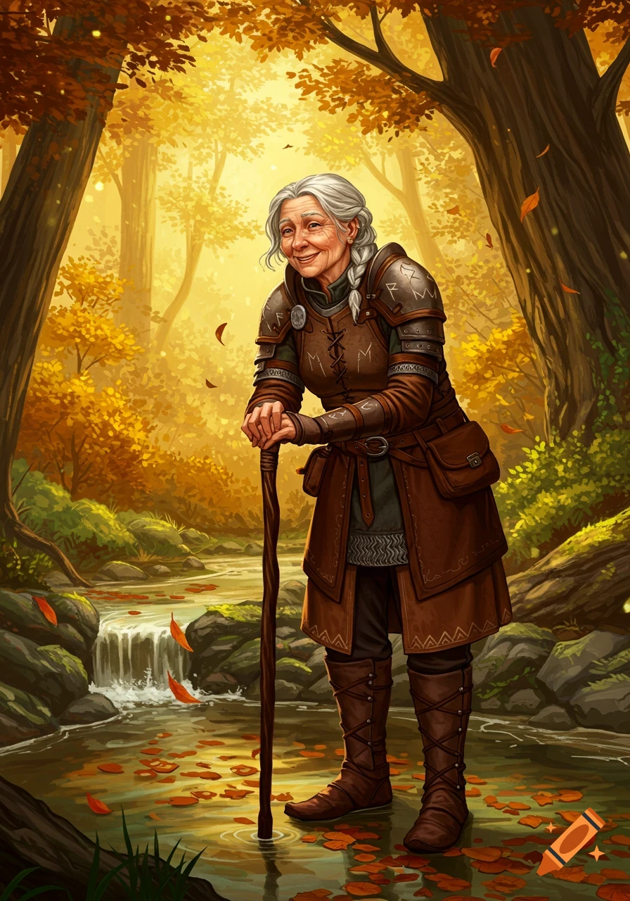 An old woman warrior with a cane stands smiling in a vibrant autumn forest with a stream and falling leaves.
