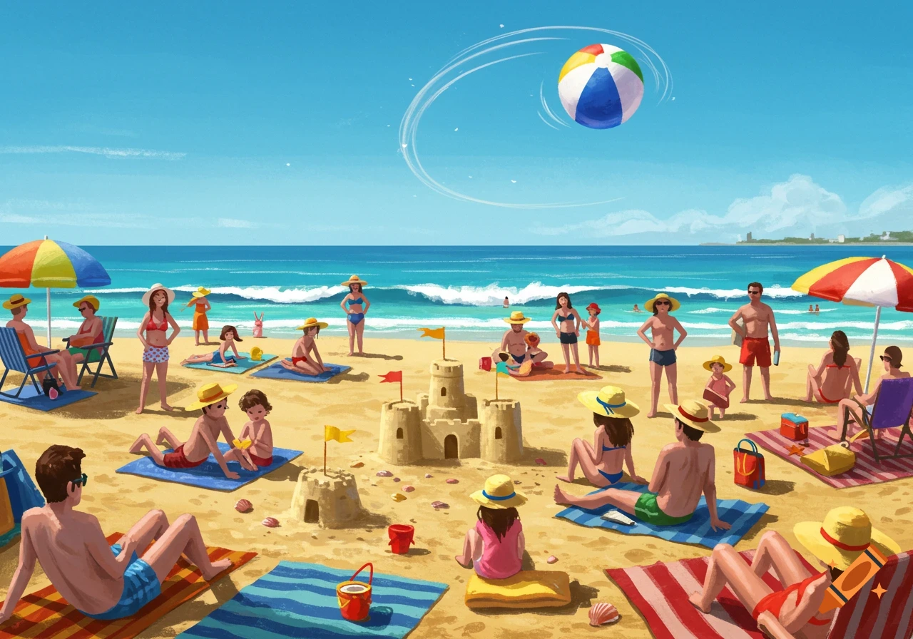 Illustrated beach scene with people sunbathing, playing, and building sandcastles under a clear blue sky.