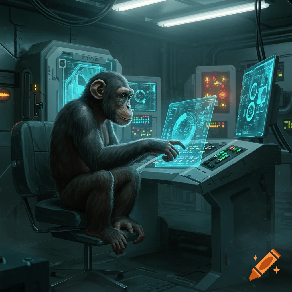 A chimpanzee sits at a futuristic computer desk, interacting with glowing blue holographic screens in a dimly lit, high-tech room.