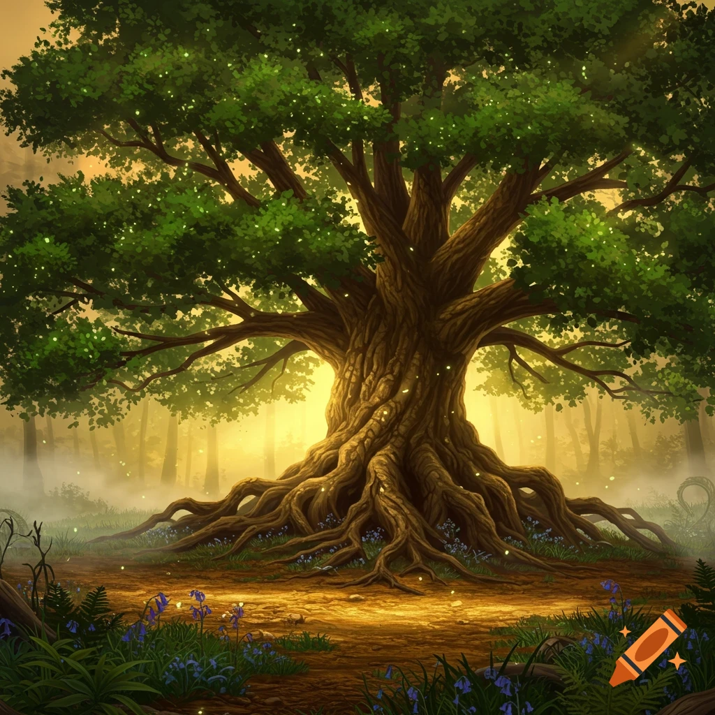 A majestic fantasy oak tree with a wide green canopy and gnarled, curly roots in a sunlit, misty forest.