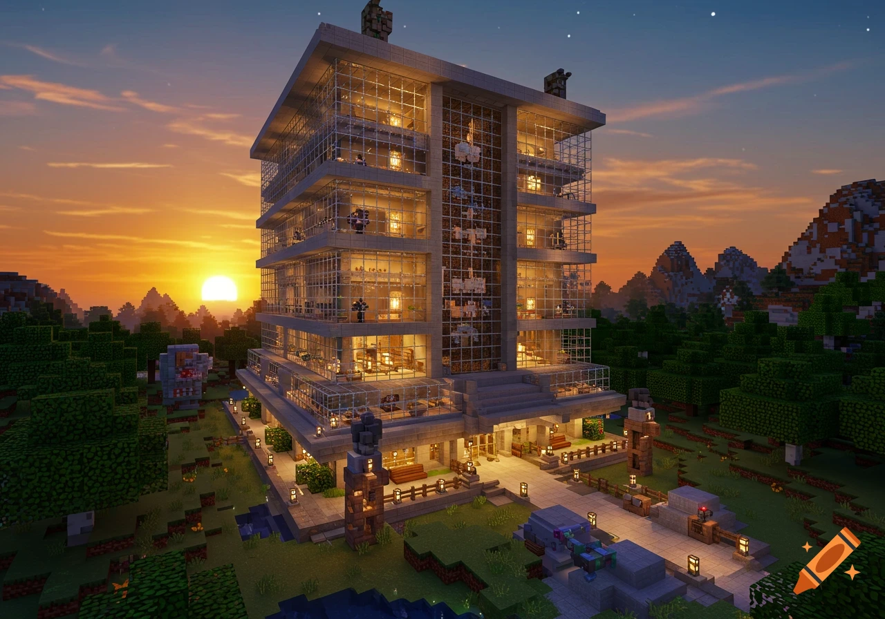 A large, modern glass hotel in a blocky Minecraft style, set amidst green trees and mountains under a colorful sunset.