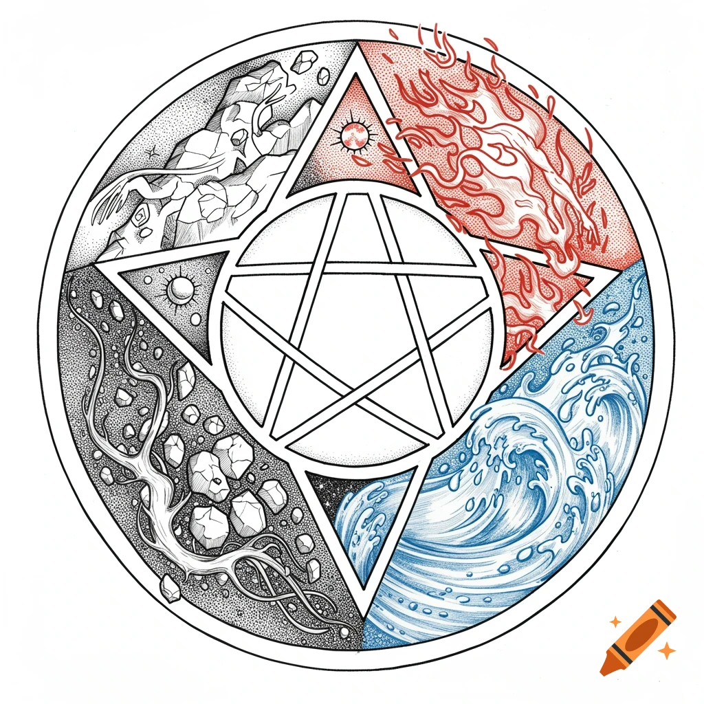A detailed illustration of a pentacle with segments depicting elements: fire, water, earth, air, and spirit. The central star is empty.