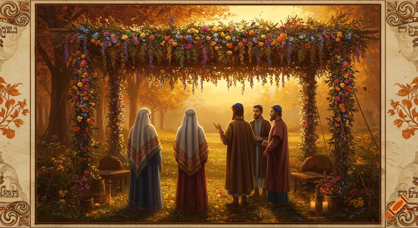 Medieval inspired illuminated manuscript of a Sukkot scene with people under a floral canopy in fall colors.