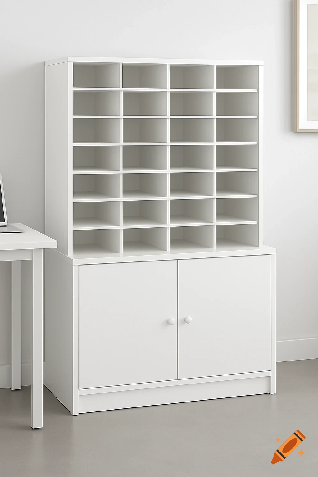 A white mail organizer cabinet with 25 open cubbies and two base doors, in a clean, modern room.