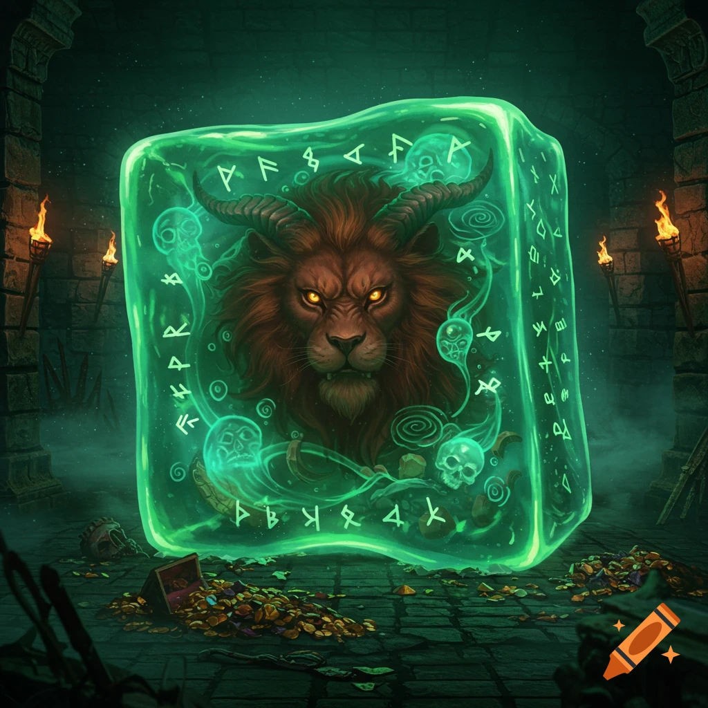 A horned lion head with glowing eyes encased in a green gelatinous cube, surrounded by scattered gold in a dark dungeon.