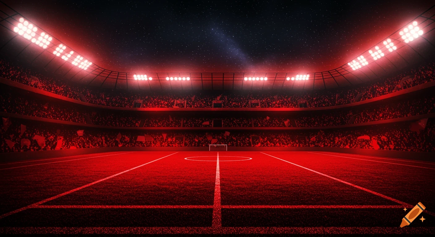 A vibrant red-lit football stadium filled with a crowd under a starry night sky, with a goalpost visible.