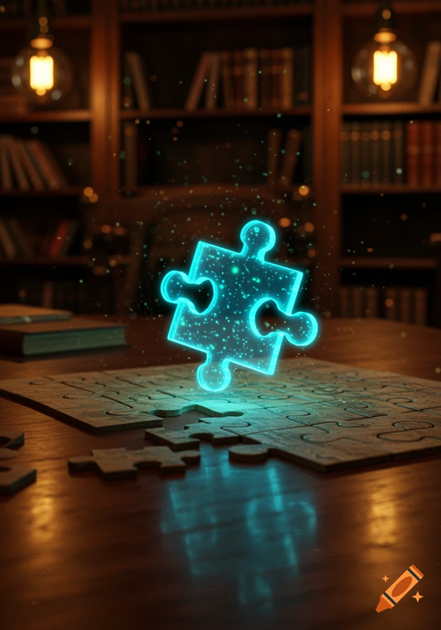 A glowing blue digital puzzle piece floats above a wooden jigsaw puzzle on a table in a dimly lit library.