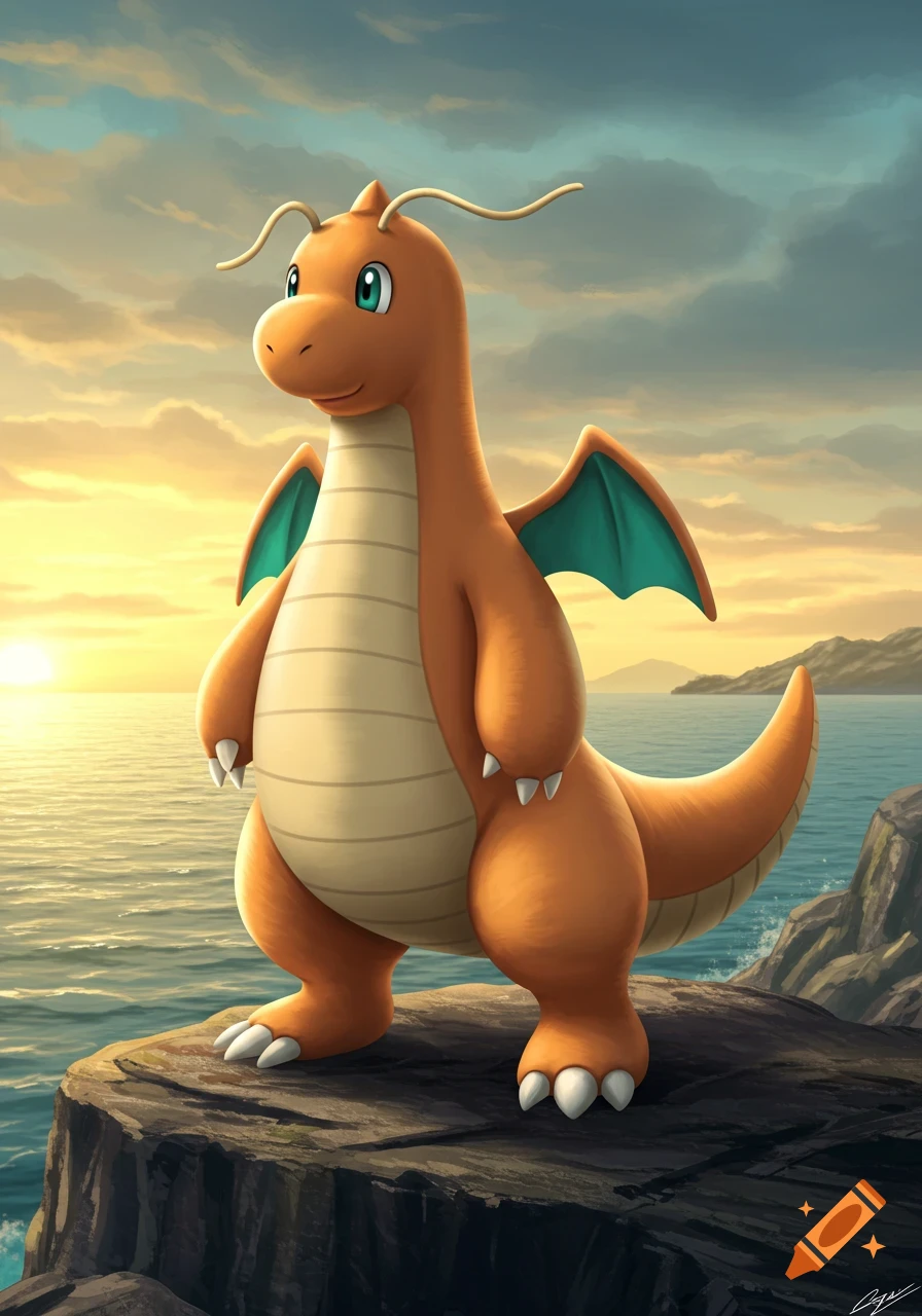 Dragonite stands on a rocky cliff overlooking a calm sea at sunset, a digital illustration.