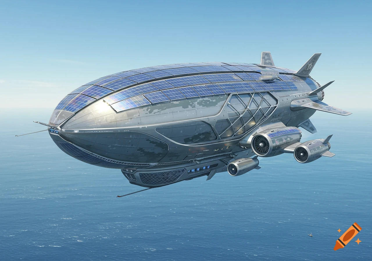 A futuristic, solar-powered airship with multiple engines flying over a calm blue ocean under a clear sky.