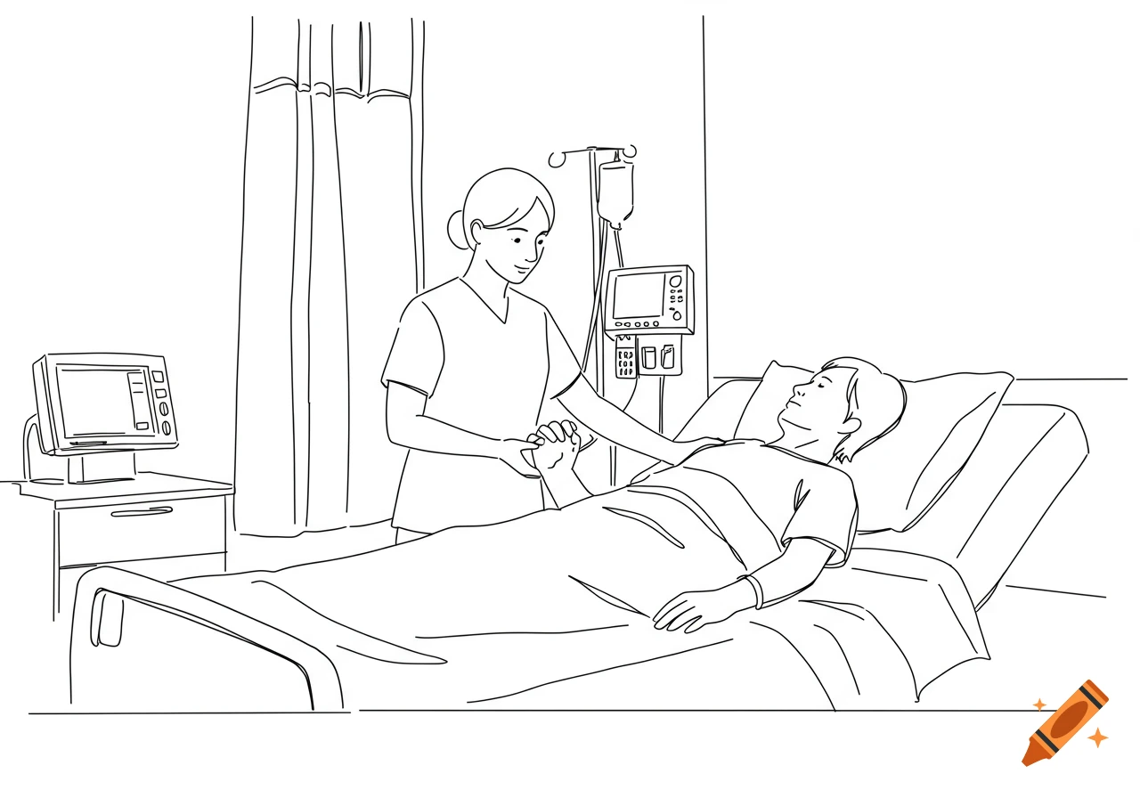 Line drawing of a nurse checking on a patient in a hospital bed.