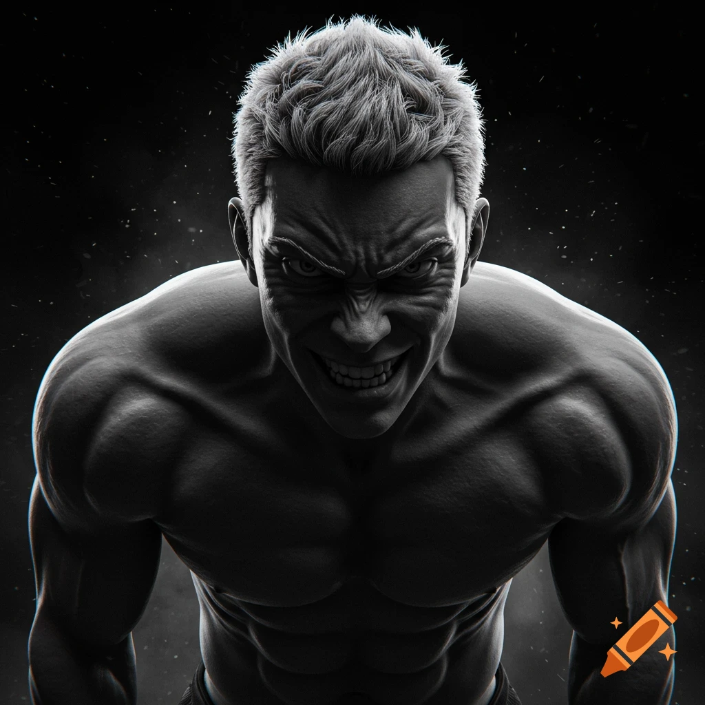 A black and white close-up of a muscular man with spiky hair, intensely grinning and leaning forward in a comic art style.
