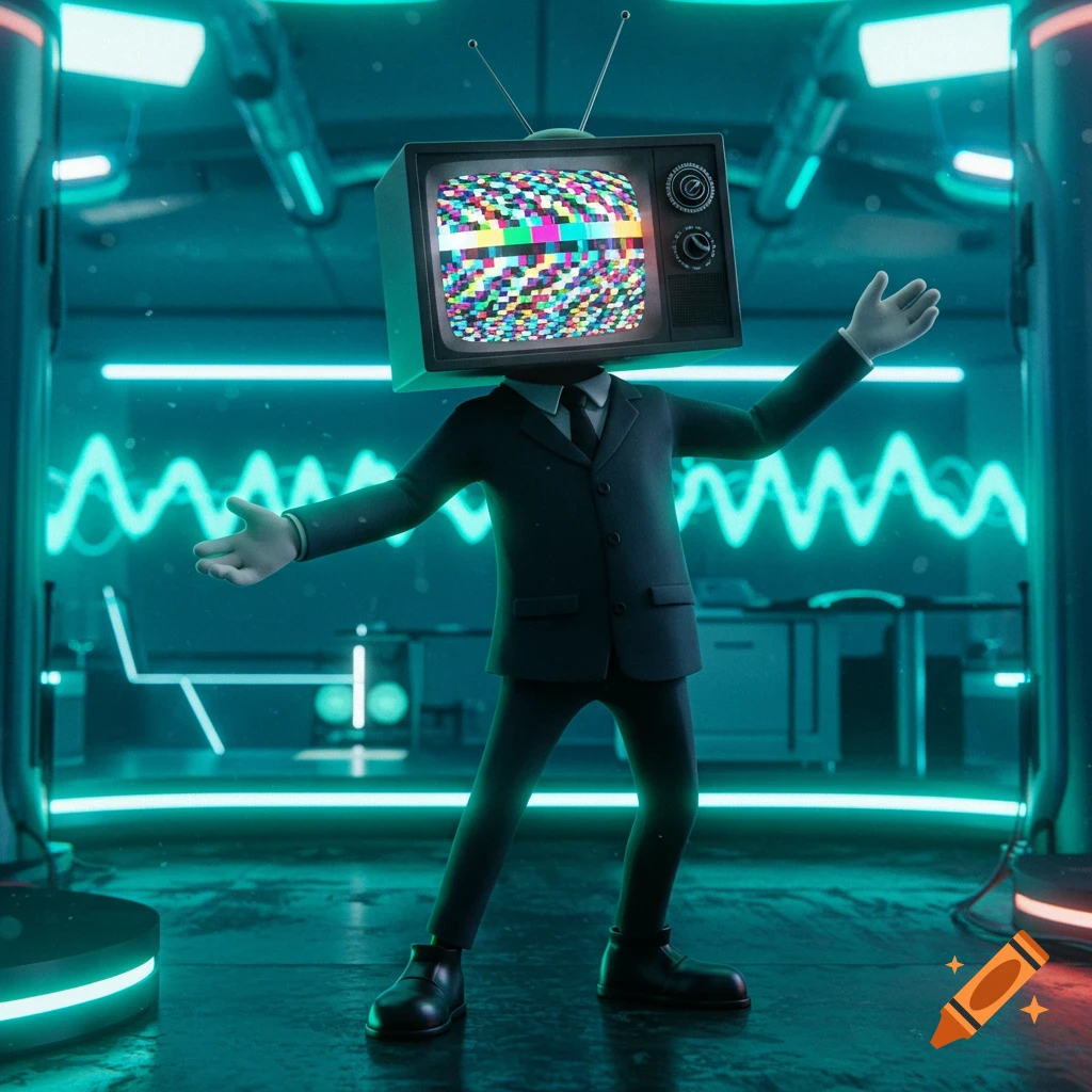 A stylized character with a retro TV head displaying static, wearing a suit, stands in a neon-lit futuristic room.