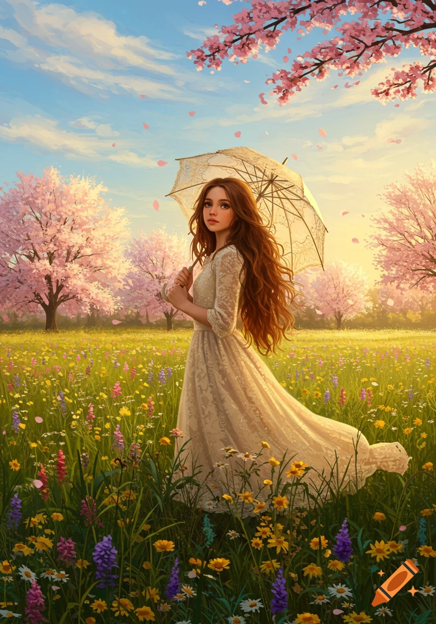 An illustrated girl in a white dress with an umbrella stands in a vibrant wildflower field with pink cherry blossom trees under a blue sky.