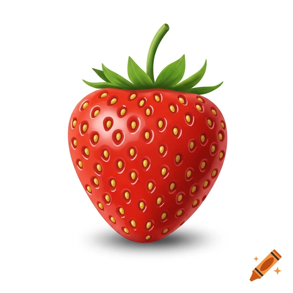 A vibrant red strawberry with green leaves and a stem, illustrated in a clean, clip-art style.