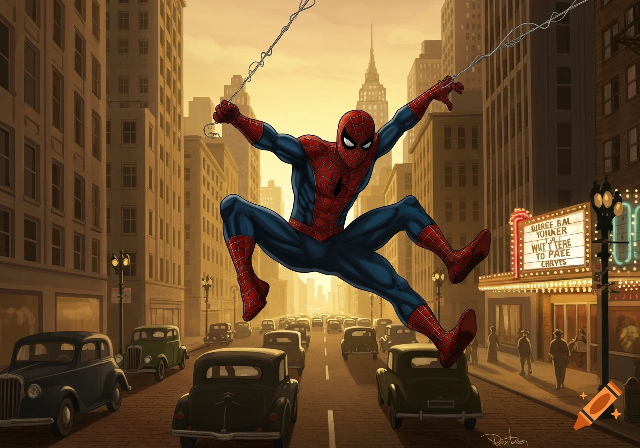 Spider-Man swings over a 1940s city street filled with vintage cars at sunset, in a comic art style.