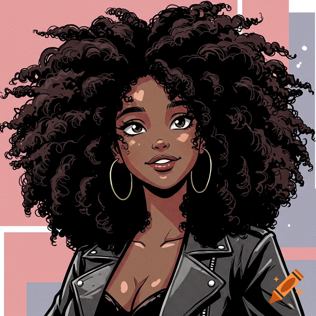 A stylized manga-style portrait of a dark-skinned woman with voluminous curly hair, wearing a black leather jacket and hoop earrings, against a geometric background.
