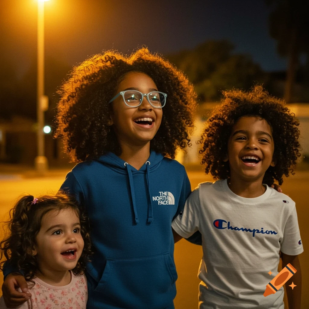 Three happy children, including a girl with glasses and two younger kids, smiling under a streetlight at night.