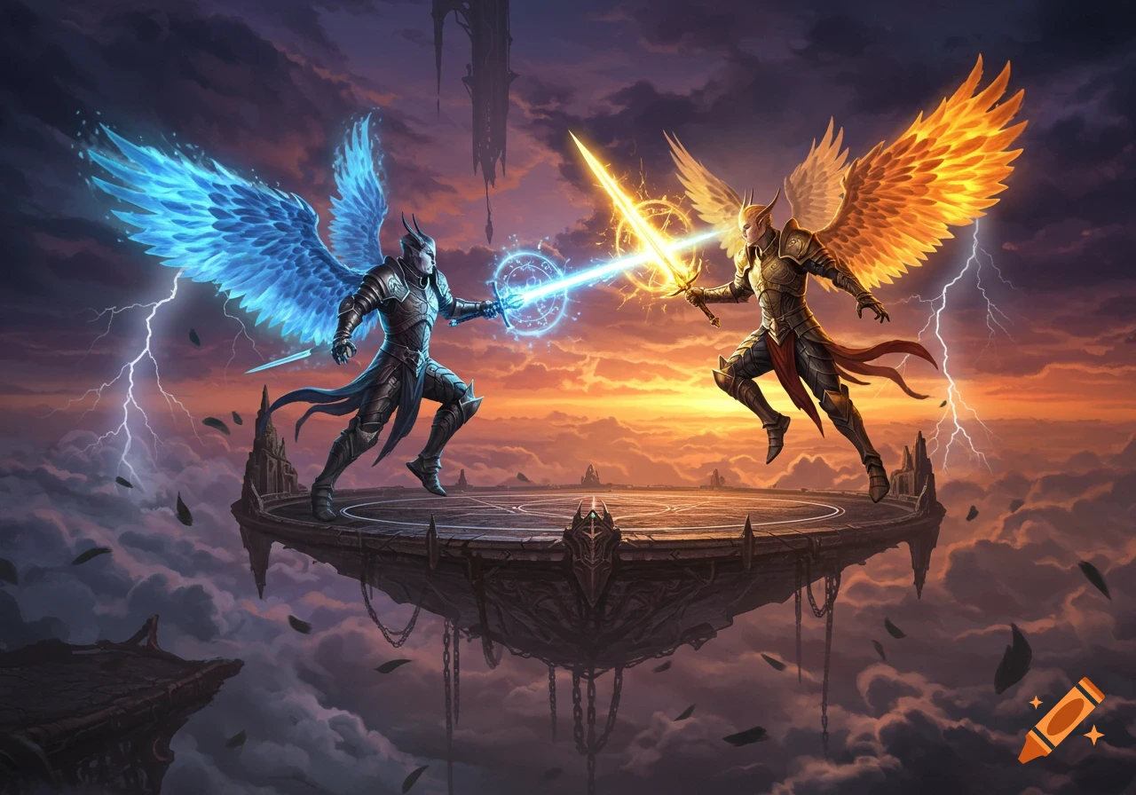 Two armored winged warriors, one blue and one gold, clash with glowing swords on a floating island against a stormy sunset sky.