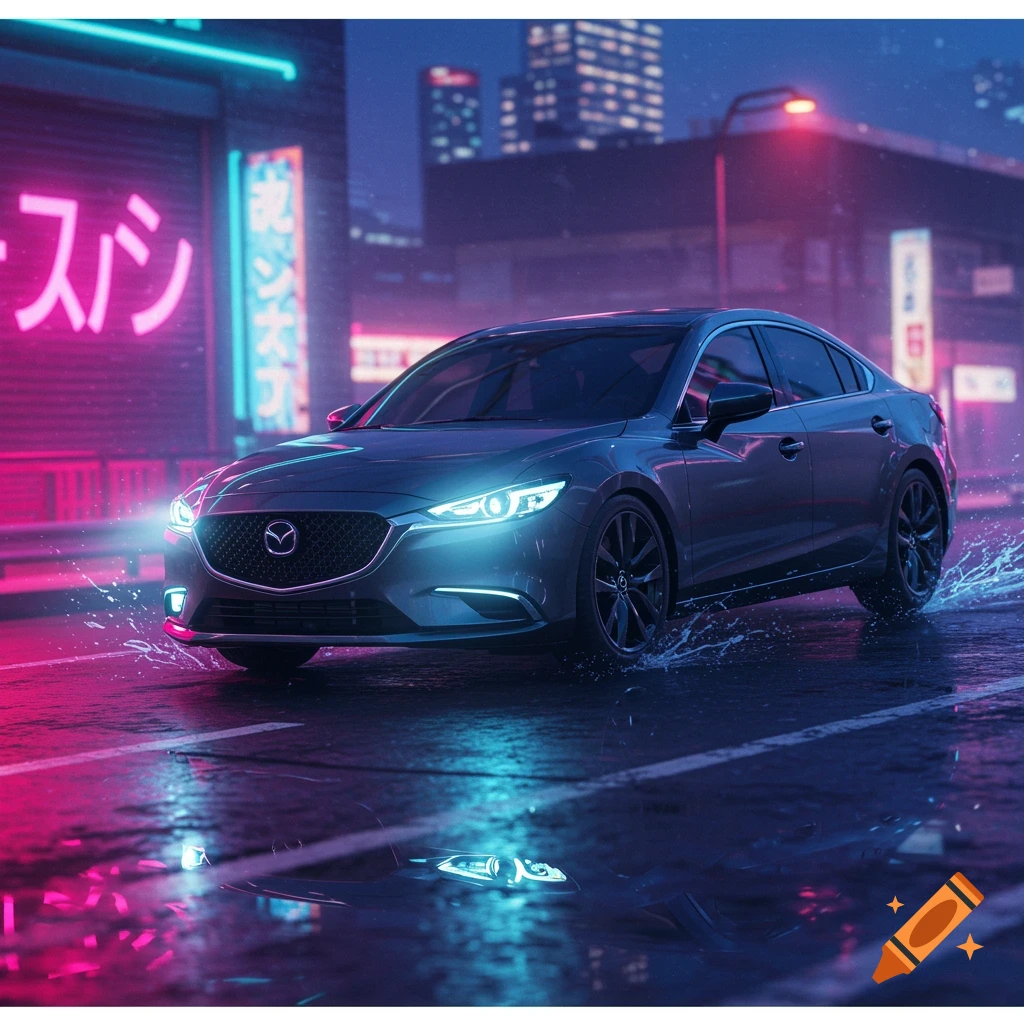 A dark grey Mazda sedan drives through a puddle on a wet city street at night, illuminated by neon pink and blue signs.