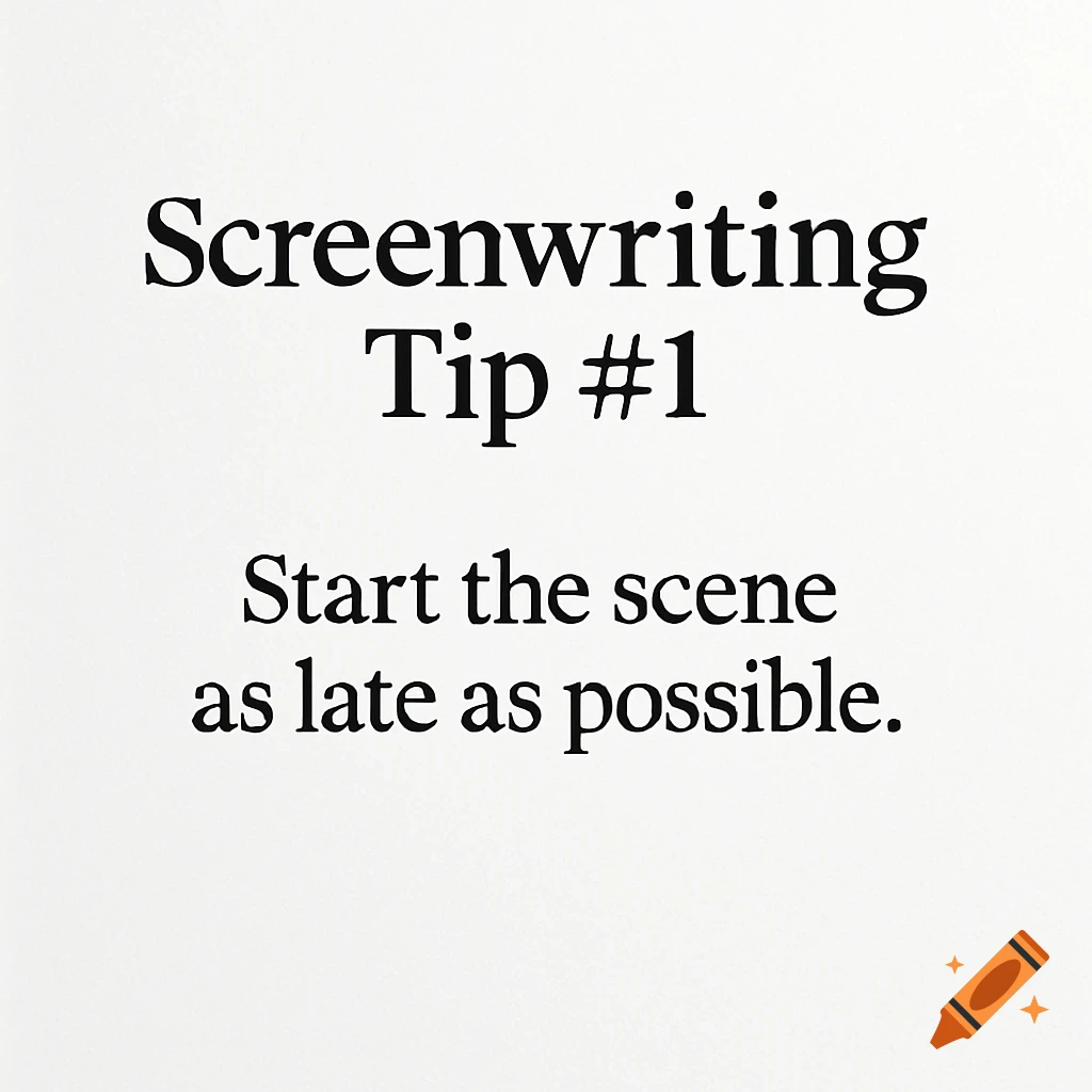 Black text on a white background reads, Screenwriting Tip #1 Start the scene as late as possible.