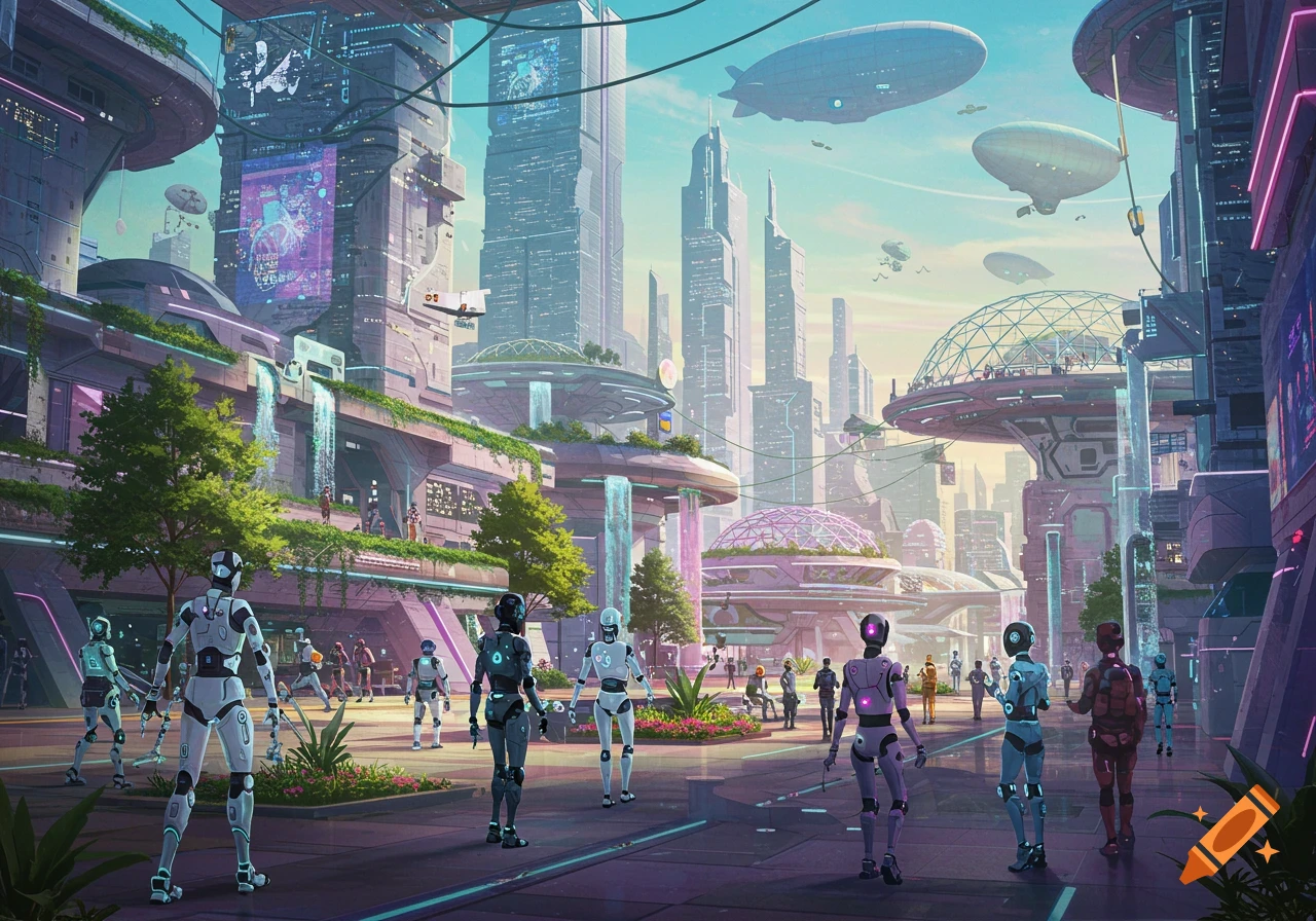 A vibrant, futuristic city with tall buildings, lush greenery, flying blimps, and various robots and humans walking on the streets, in a colorful digital art style.