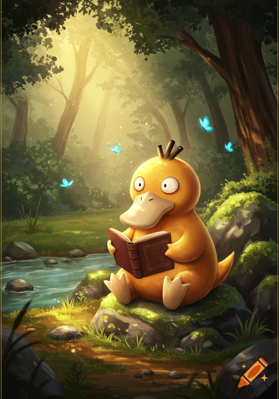 A yellow Psyduck sits by a stream in a sunlit forest, reading a brown book. Blue butterflies flutter nearby in this whimsical, painterly scene.
