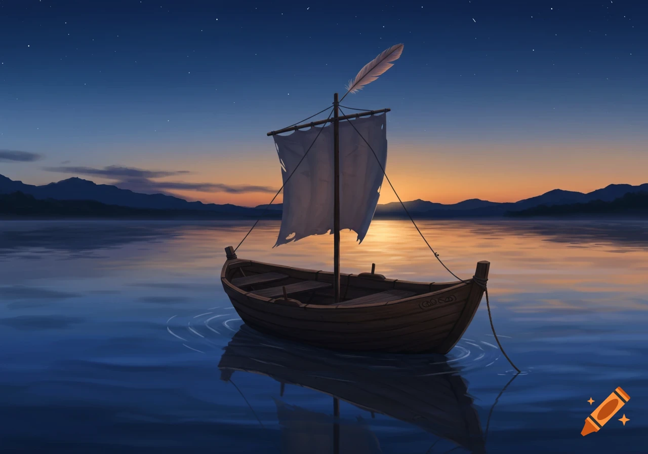 A small wooden boat with a tattered sail and a feather at its mast floats on calm water under a colorful sunset sky.