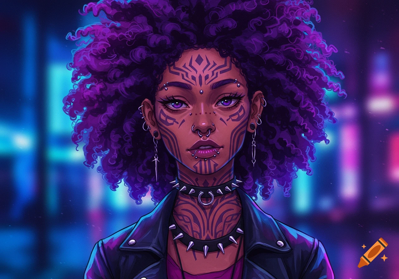 Anime style portrait of a dark-skinned girl with vibrant purple curly hair, intricate facial tattoos, multiple piercings, and a studded choker.