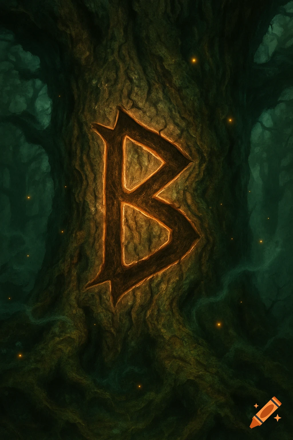 A glowing gothic letter B carved into the gnarled bark of a dark, mystical tree in a forest.