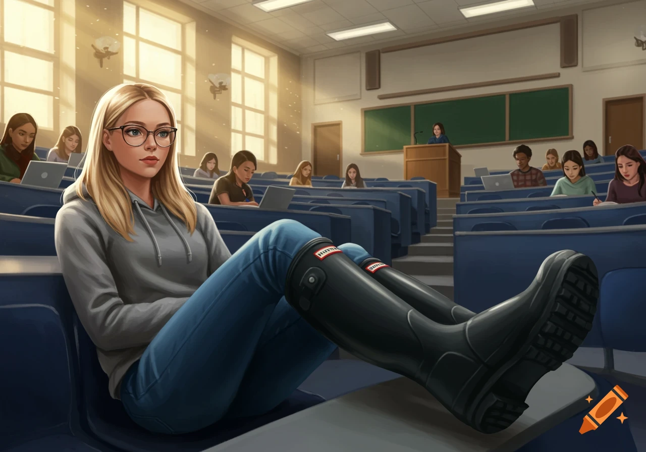 A blonde student in glasses, grey hoodie, blue jeans, and black Hunter boots sits with legs crossed in a university lecture theatre, other students in background.