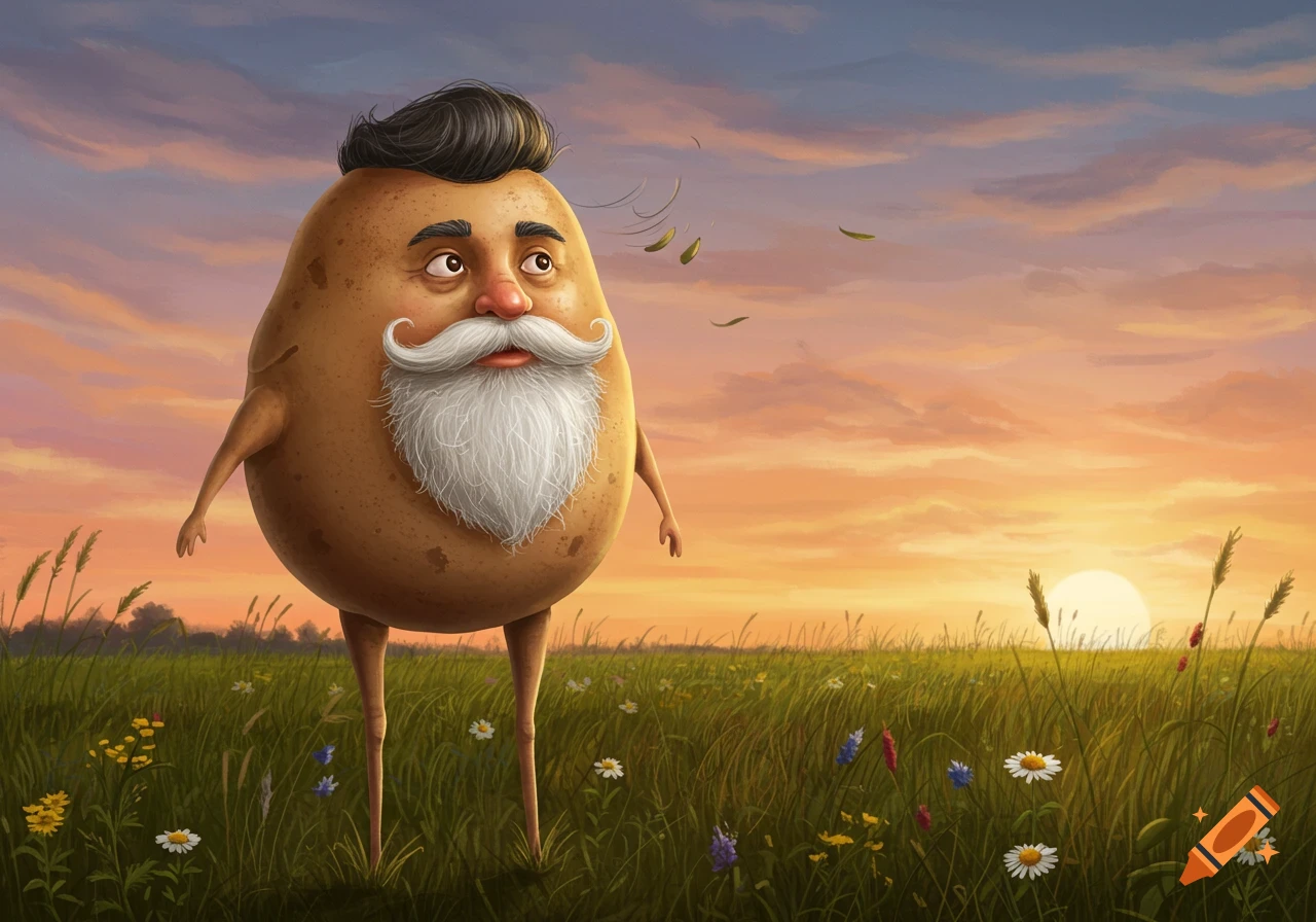 A whimsical potato man with a white beard and black hair stands in a grassy field at sunset.