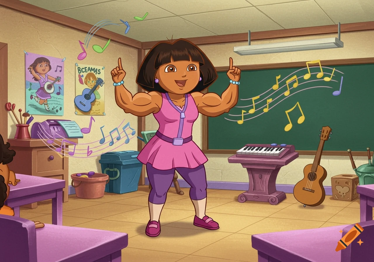 Dora the Explorer as a muscular music teacher singing in a classroom filled with musical notes and instruments.