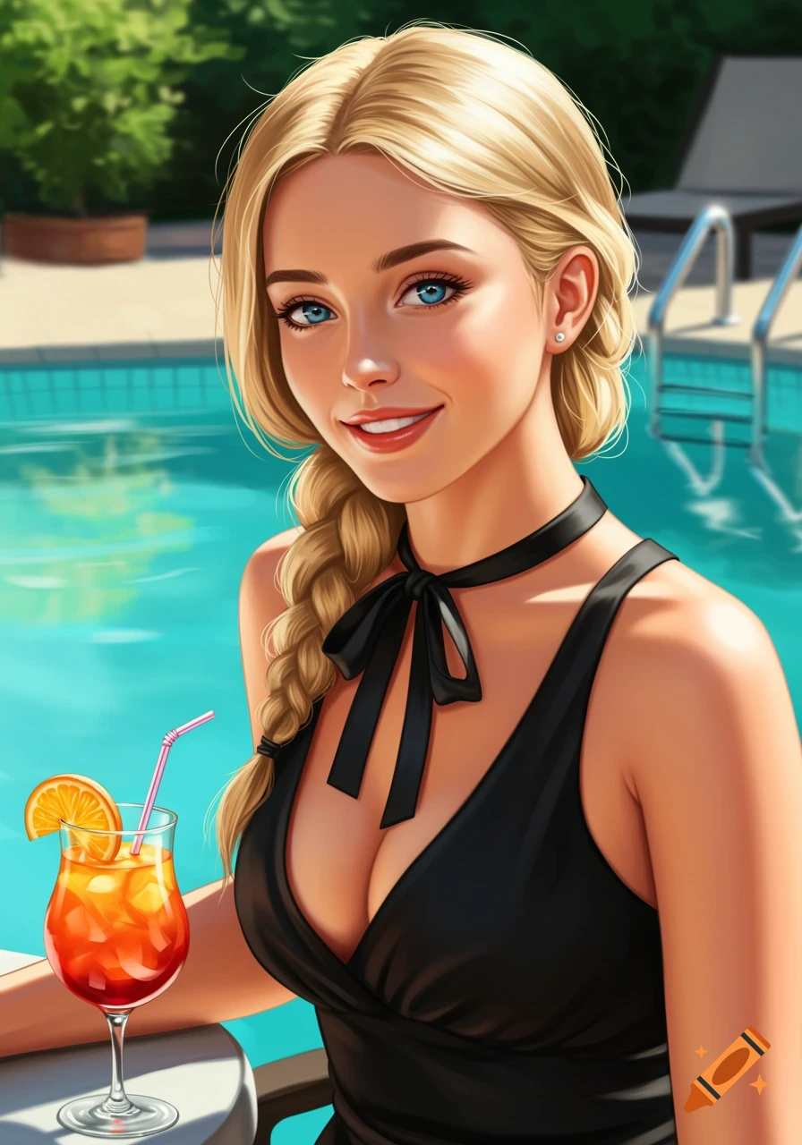 A smiling blonde woman with a braid, wearing a black dress, sitting by a pool with a fruit cocktail in a digital art style.