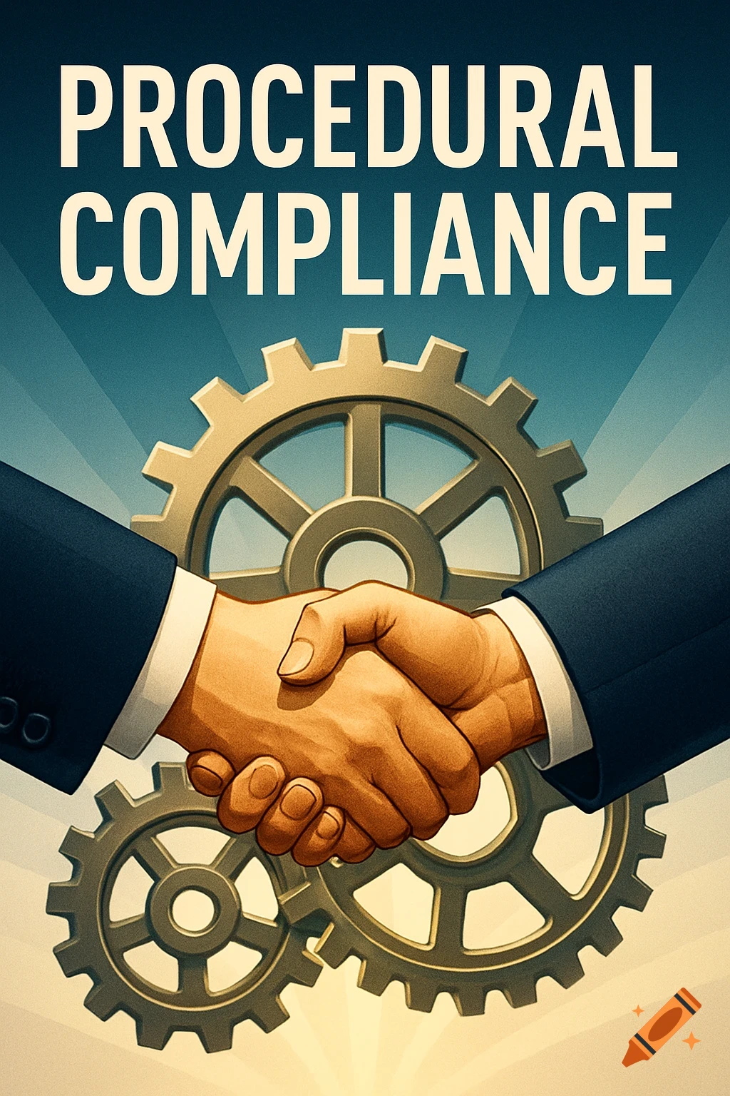 Two hands shaking in front of large gears, with the text 'PROCEDURAL COMPLIANCE' above. Poster-style illustration.