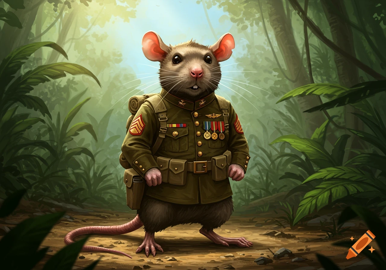 A cartoonish rat wearing a detailed military uniform with medals and a backpack stands in a sunlit jungle.
