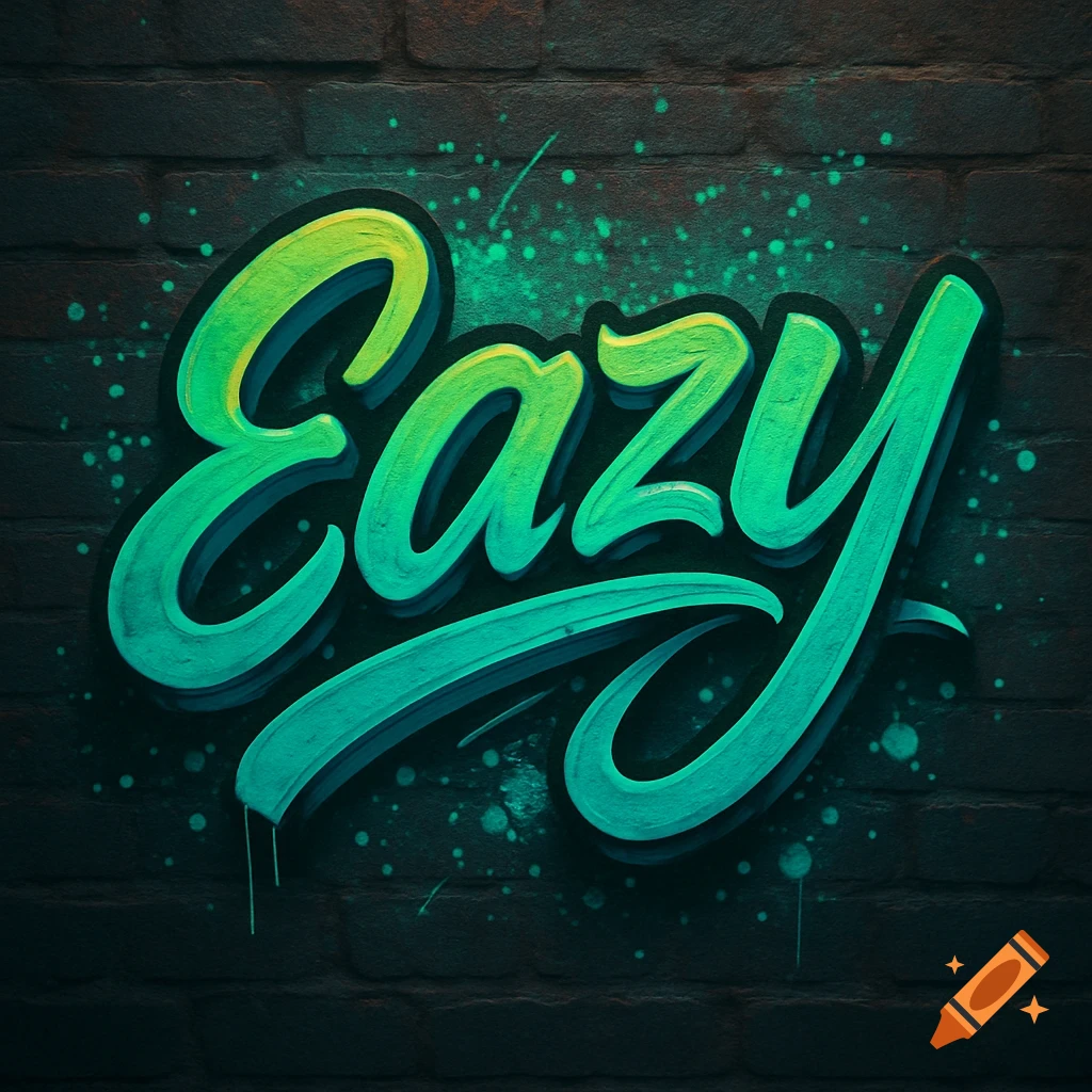 Green and blue stylized graffiti text "Eazy" on a dark brick wall with paint splatters.