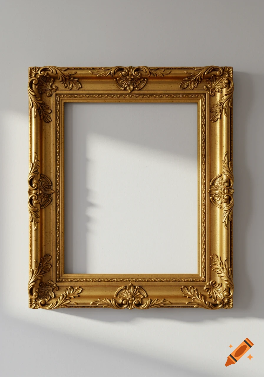 An ornate gold picture frame hangs on a plain white wall, with subtle shadows cast across its surface.