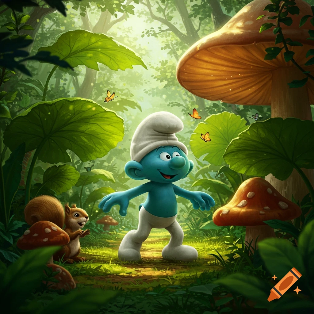 A blue Smurf walks through a vibrant green forest with giant mushrooms and a squirrel.