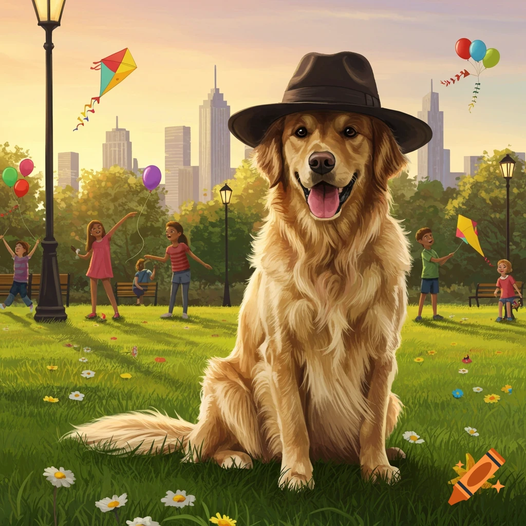A happy golden retriever in a fedora sits in a sunny park with children, kites, and balloons, city skyline in background.