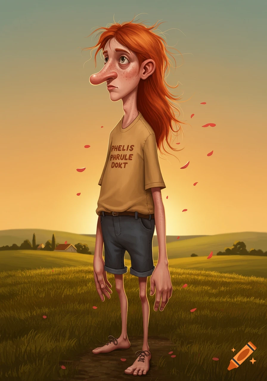 A tall, gangly, red-haired character with a long nose, freckles, and large hands stands in a grassy field with falling red petals under a sunset sky, in an illustrative style.