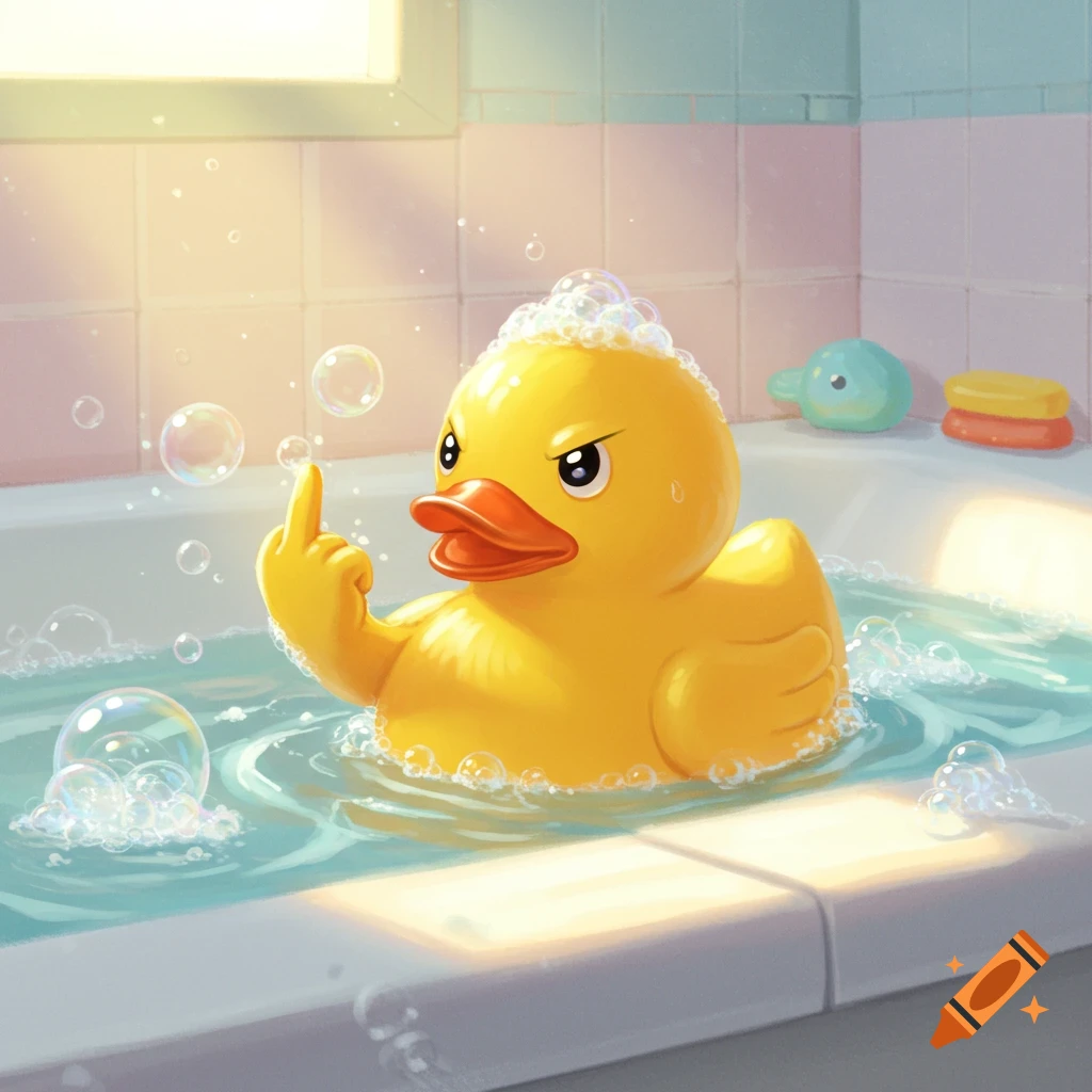 A yellow rubber ducky with an angry expression gives the middle finger while floating in a bubbly bathtub.