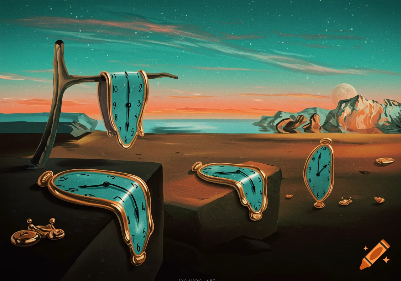 A surreal landscape featuring multiple melting pocket watches draped over rocks and a tree branch, under a teal and orange sky with a moon.