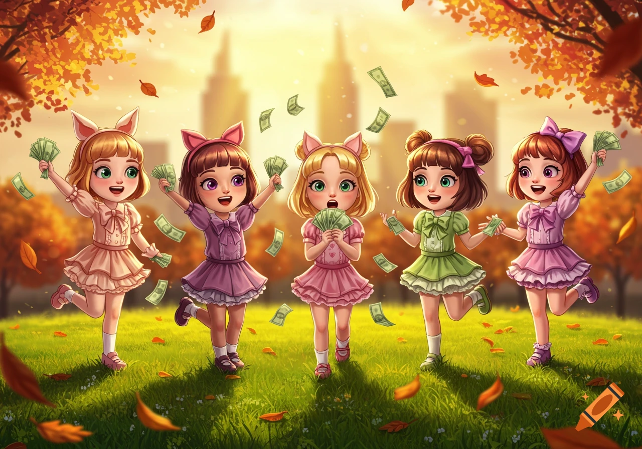 Five cheerful cartoon girls with animal ears hold and throw money in a vibrant autumn park with city buildings.
