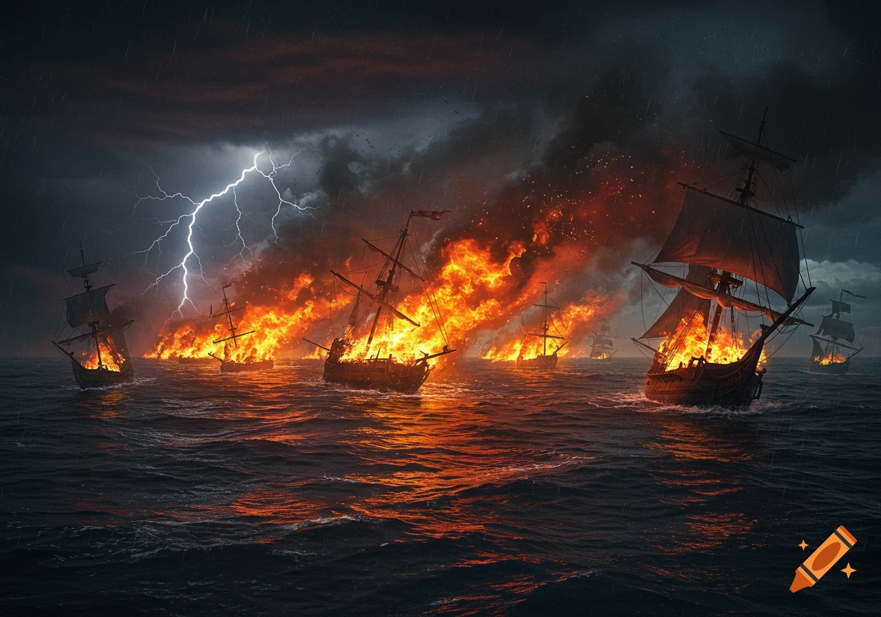 Multiple old sailing ships ablaze on a dark, stormy sea with lightning flashing in the night sky, rendered photorealistically.