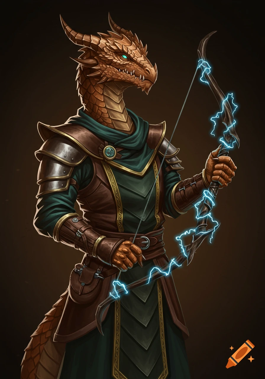 A brown dragonborn archer in leather and metal armor holding an ornate bow crackling with blue lightning.